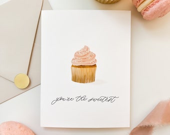 You're the Sweetest Greeting Card, Pink Cupcake Hand Painted Greeting Card, Minimal Watercolor Greeting Card, Birthday Card, Thank You Card,