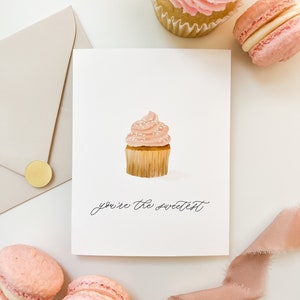 You're the Sweetest Greeting Card, Pink Cupcake Hand Painted Greeting Card, Minimal Watercolor Greeting Card, Birthday Card, Thank You Card, image 1