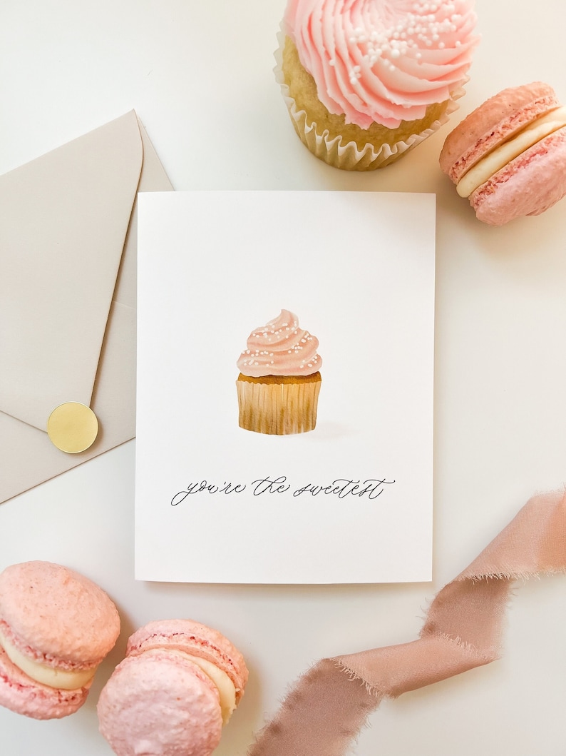 You're the Sweetest Greeting Card, Pink Cupcake Hand Painted Greeting Card, Minimal Watercolor Greeting Card, Birthday Card, Thank You Card, image 1