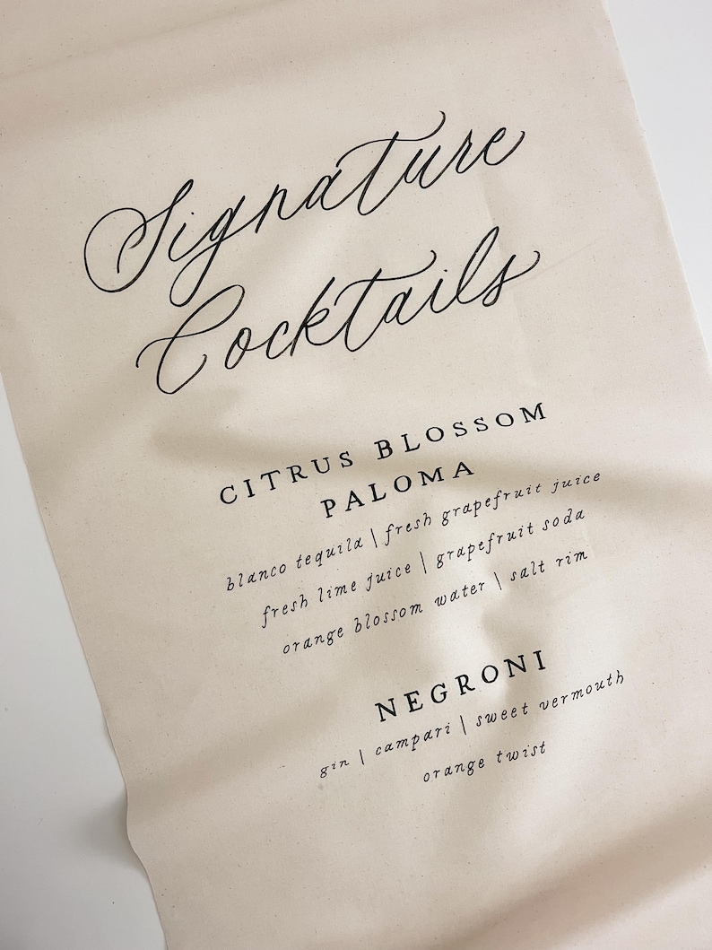 Hand Lettered Signature Cocktail Sign | Fabric Wedding Bar Sign ...