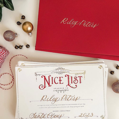 Santa's Official Nice List Certificate, Hand Calligraphy Santa Certificate, Personalized Gold Foil Stamped Santa Letter, Official Santa Mail