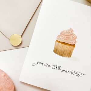You're the Sweetest Greeting Card, Pink Cupcake Hand Painted Greeting Card, Minimal Watercolor Greeting Card, Birthday Card, Thank You Card, image 3