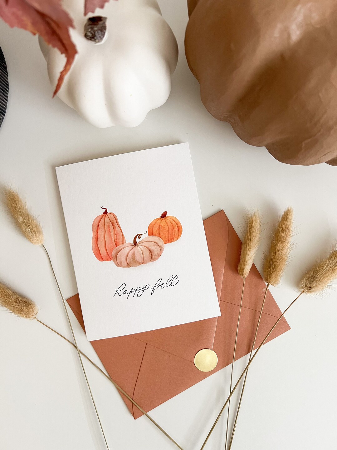 Happy Fall Greeting Card, Fall Stationery, Watercolor Pumpkins, Boho ...