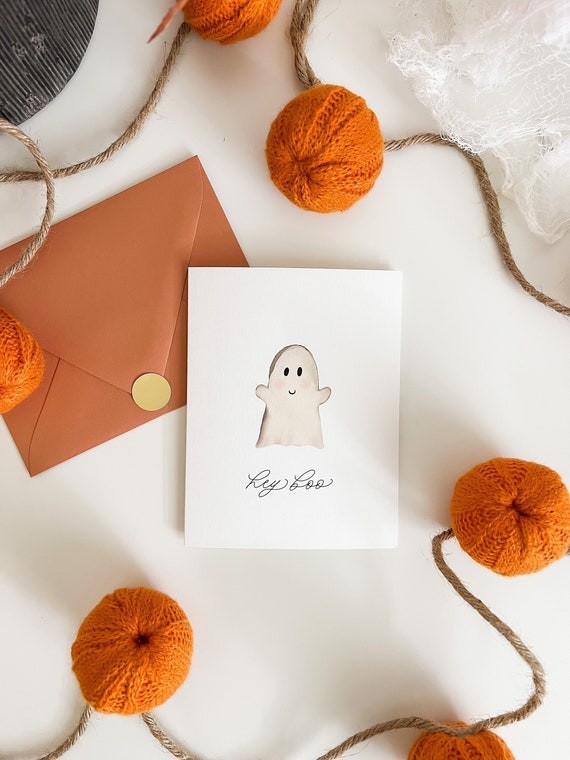Halloween Greeting Card, Watercolor Ghost Card, Boo Basket Card, Hey Boo, Boho Ghost, Fall Stationery, Halloween Aesthetic, Thank You Card