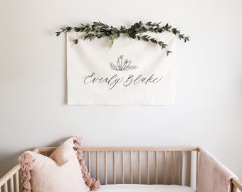 Floral Nursery Banner | Calligraphy Name Banner | Custom Name Banner | Wall Tapestry | Calligraphy Name Tapestry | Boho Nursery Decor