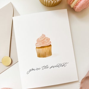 You're the Sweetest Greeting Card, Pink Cupcake Hand Painted Greeting Card, Minimal Watercolor Greeting Card, Birthday Card, Thank You Card, image 2