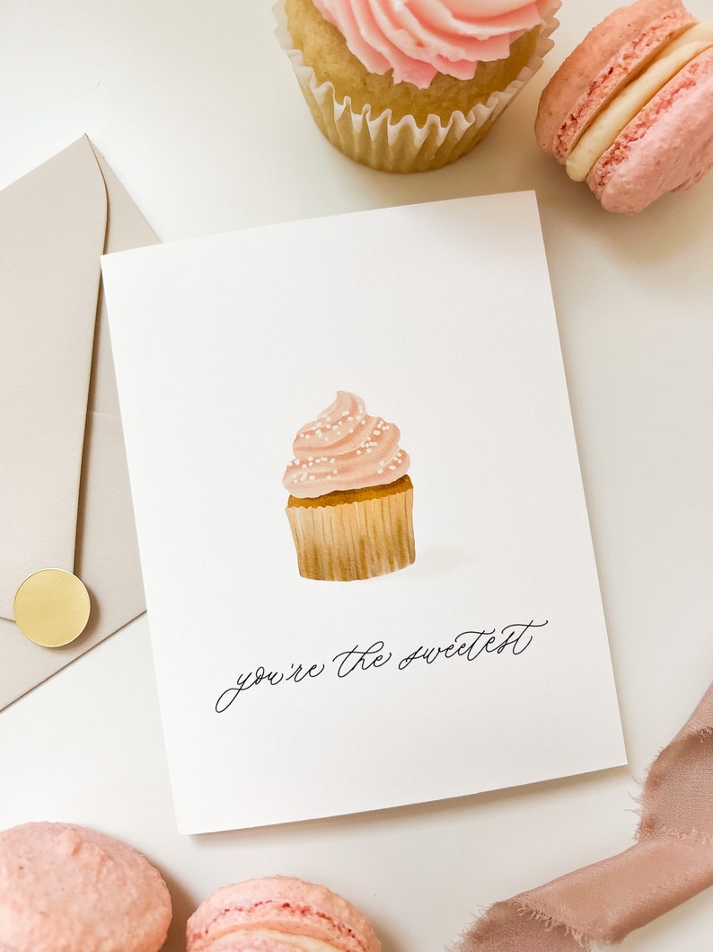 You're the Sweetest Greeting Card, Pink Cupcake Hand Painted Greeting Card, Minimal Watercolor Greeting Card, Birthday Card, Thank You Card, image 2