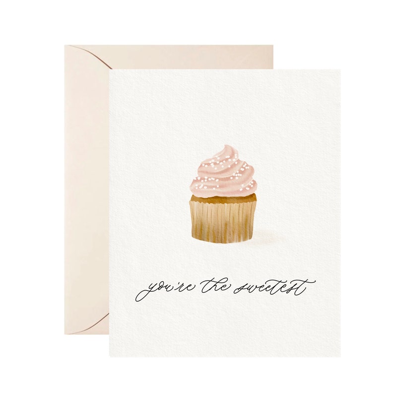 You're the Sweetest Greeting Card, Pink Cupcake Hand Painted Greeting Card, Minimal Watercolor Greeting Card, Birthday Card, Thank You Card, image 4