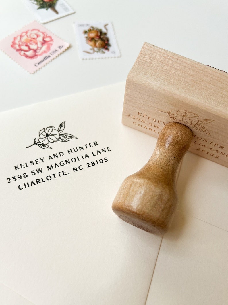 Magnolia Address Stamp, Custom Floral Return Address Stamp, Rubber Stamp, Self Inking Stamp, Wedding Gift, Housewarming Gift, Realtor Gift image 3