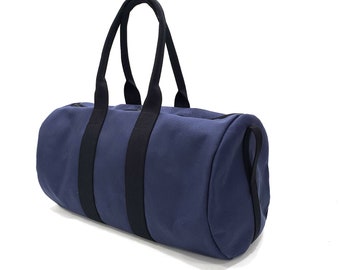 Navy Cotton Canvas Round Duffel, Washable Weekender Travel Bag