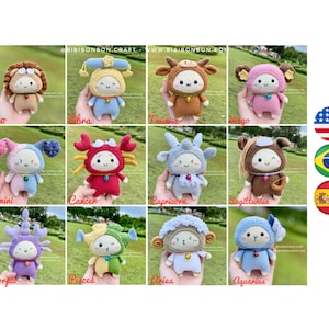 Bibibonbon - Zestaw wzorów 12 w 1: 12 znaków zodiaku Amigurumi, wzór szydełkowy zodiaku, PDF angielski (terminy amerykańskie), hiszpański, portugalski (Brytyjski)