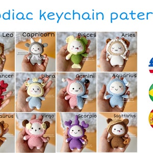Bibibonbon - Zestaw wzorów 12 w 1: 12 znaków zodiaku Amigurumi, wzór na brelok szydełkowy, PDF angielski (terminy amerykańskie), hiszpański, portugalski (Brytyjski)