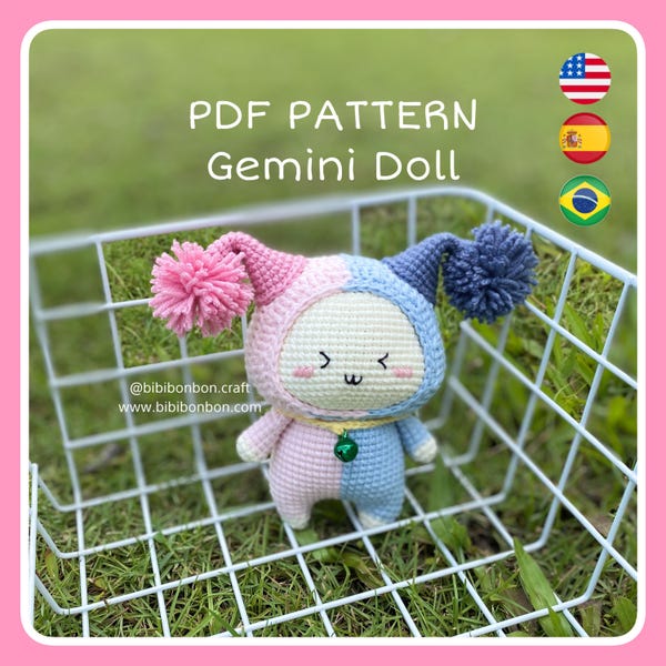 Schema uncinetto per bambola dello zodiaco Gemelli: Amigurumi PDF (inglese/spagnolo/portoghese)