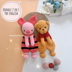 Bibibonbon - Bundle 2 in 1: Winnie and Piglet Snugglers, Baby Lovey Crochet Pattern, Crochet Lovey Blanket Amigurumi, PDF English (US terms)