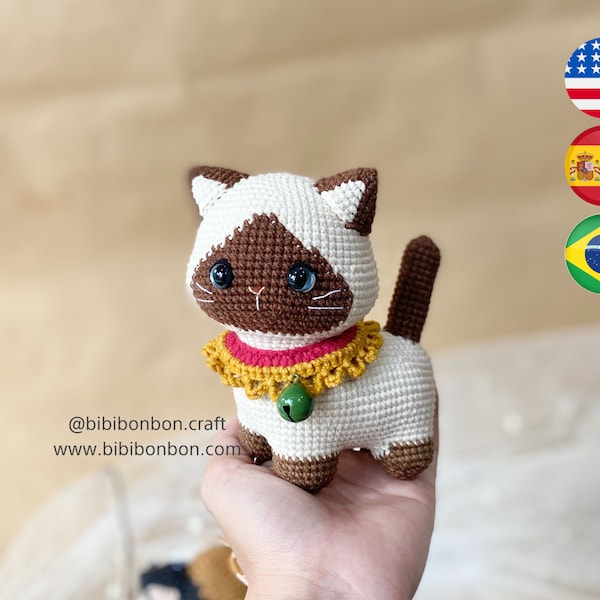 Bibibonbon - Crochet Pattern Amigurumi: Toby le chat siamois, motif de chat, animaux à 4 pattes, PDF Anglais (termes américains), Español, Português (Br)