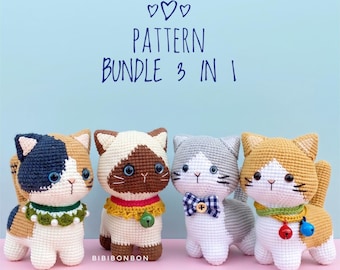 May include: Four crocheted cat dolls with blue eyes and various color patterns. The text reads PATTERN BUNDLE 3 IN 1. The cats feature accessories like a green pearl collar, a yellow bell collar, a blue gingham bow, and a green collar with two bells.