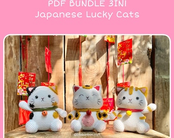 Japanese Lucky Cats Crochet Pattern, Bundle 3in1 Amigurumi (PDF English)