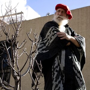 May include: A man with a long white beard and a red beret is wearing a black and white patterned poncho. He is standing in front of a bare tree branch.