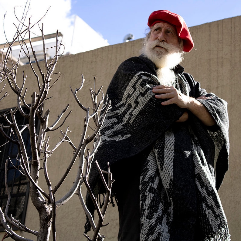 May include: A man with a long white beard and a red beret is wearing a black and white patterned poncho. He is standing in front of a bare tree branch.