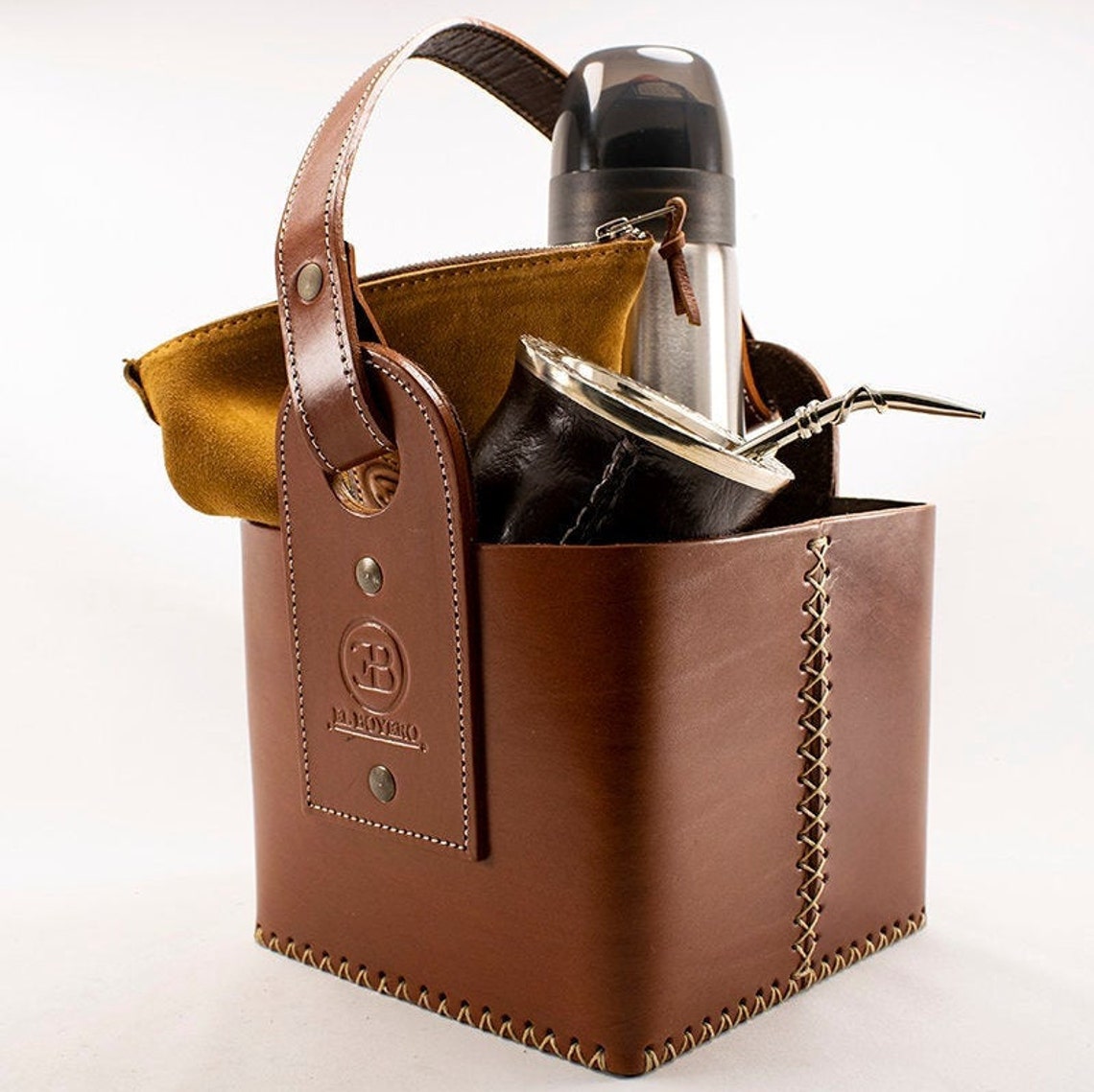 Leather basket thermos holder and matte set. Super original Etsy
