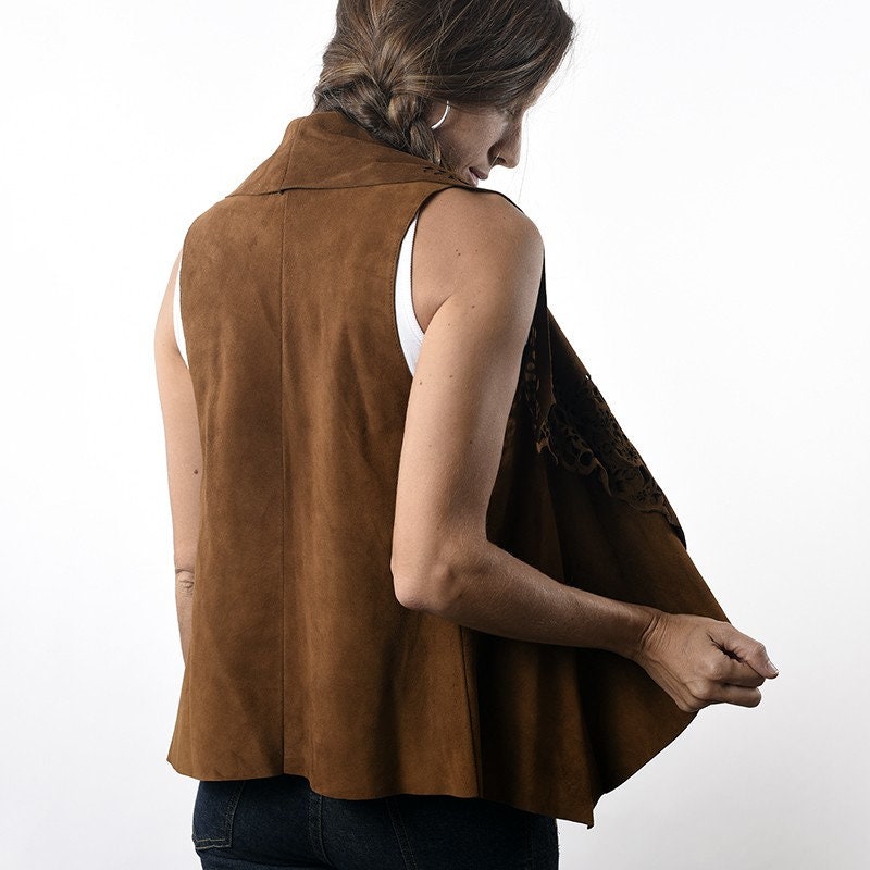Suede goat leather vest. Suede goat vest with lace. Handmade Etsy