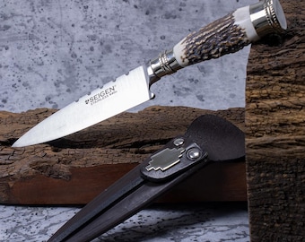Knife with stag horn handle. Knife with stag horn handle and alpaca silver metal. Knife with stag horn handle and box. Made in Argentina.