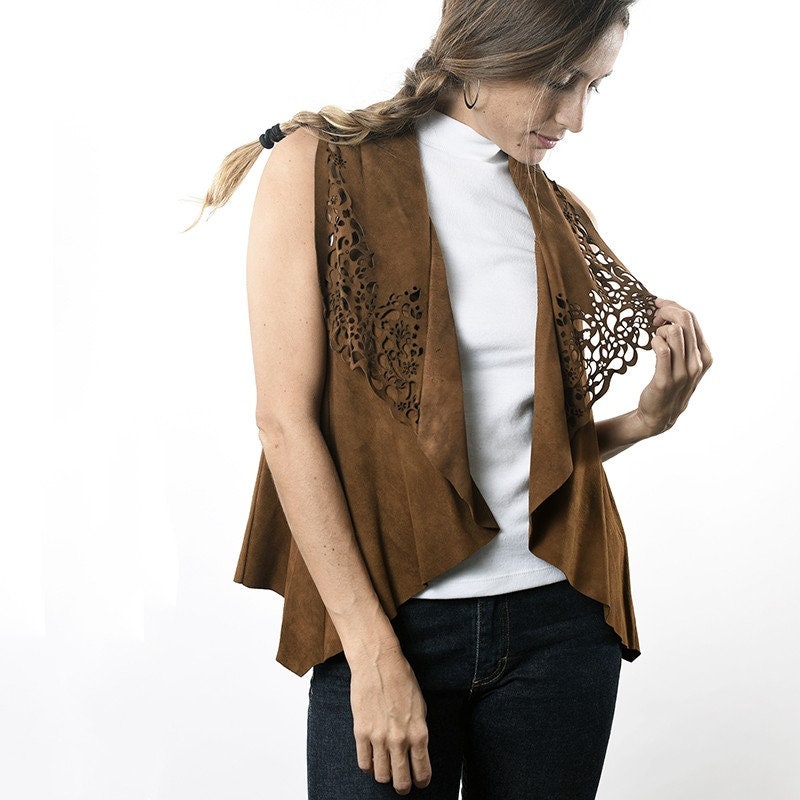Suede goat leather vest. Suede goat vest with lace. Handmade Etsy