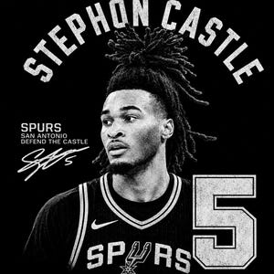 May include: Black and white graphic featuring Stephon Castle, a basketball player, in a Spurs jersey with the number 5. The text "STEPHON CASTLE" arches above the player's head. "SPURS" and "SAN ANTONIO DEFEND THE CASTLE" are also visible.