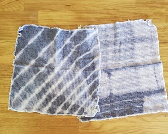 Pair Set of Two 2 Washcloths Hand Towels Shibori Dye Dyed Die Died Indigo With White Overlock Stitch