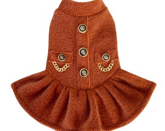 Lion buttons and gold chains dog dress, brown dog dress, knitted dog skirt, warm pet dress, winter dog dress, elegant dog costume