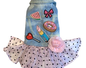 Mon Amour denim dog dress, blue dog coat dress, denim dress for dog, pink dog tutu, polka dotted tutu, elegant pet dress, cool dog