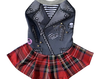 Never mind the Bulldogs dog dress, moto jacket for dogs, punky dog dress, red checked dog skirt, moto jacket printed dress, rocker dog dress