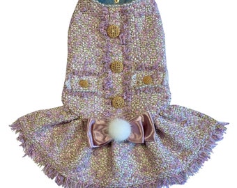 Pawsome Diva purple dog dress, tweed dog dress, elegant dog costume, gold and purple pet dress, gold buttons dress, elegant purple dress