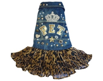 Rob Cavallier denim dress with animal chiffon skirt, cool dog dress, fashion pet outfit, funny dog costume, rocker dog dress, punky style do