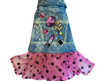 La vie en Glam Rose dog dress, denim dog dress, rose dog dress, cool pet dress, pink dog dress, polka dot dog skirt, polka dot dog dress