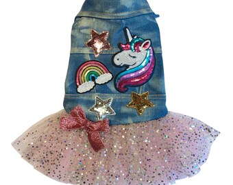 Glossy Unicorn dog dress, denim dog dress, unique pet costume, dog fashion dress, unicorn dog dress, glossy dog dress, pink dog skirt