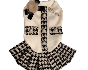 Robe pour chien Virginia Woof, costume de chien élégant, robe pour chien tricotée, jupe pour chien pied-de-poule, robe pour animaux de compagnie de la Saint-Valentin