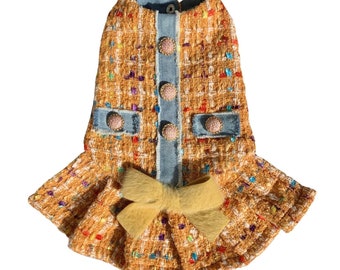 Dandy Lady dog dress, tweed dog costume, parody dog dress, checked dog costume, ocher dog dress, autumn dog dress