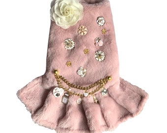 Hotel Spitz Pawris pet fur coat and dress, designer inspired posh dog costume, pink fur dog dress, pink fur dog coat, elegant dog coat