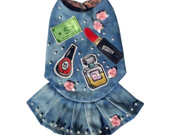 Pretty Rock Diva dog dress, denim dog dress, dog denim jacket, pet denim coat, dog denim dress, funny pet dress, denim dog coat