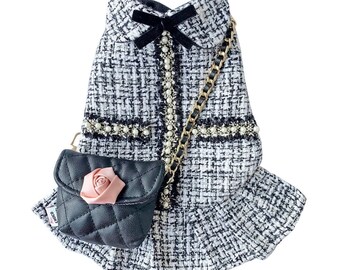 Capucine dog dress with black reticule poop bag, tweed dog costume, grey dog dress, funny pet poop bag