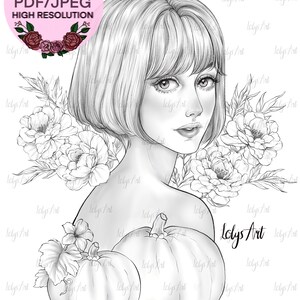 Può includere: Illustrazione in bianco e nero di una donna con fiori e zucche. Include il testo "Printable PDF/JPEG HIGH RESOLUTION" e "Lolys Art Coloring Page". Design di pagina da colorare.