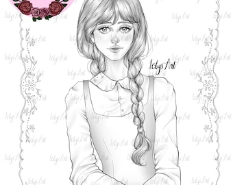 May include: A black and white line drawing of a young woman with long hair in a braid, wearing a collared shirt and a dress. The image is framed with a decorative border and the text "Loly Art Coloring Page" is at the bottom.