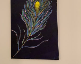 May include: A painting of a peacock feather on a black background. The feather is blue, green, and pink with a yellow eye.