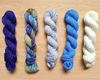 Blue Porcelain Hand Dyed Yarn Mini Skein Set: Superwash Merino Wool Blend
