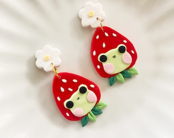 Orecchini kawaii a forma di rana, orecchini a forma di fragola, orecchini a forma di rana carina, orecchini a forma di fragola con fiore, orecchini a forma di animale, orecchini in pasta polimerica