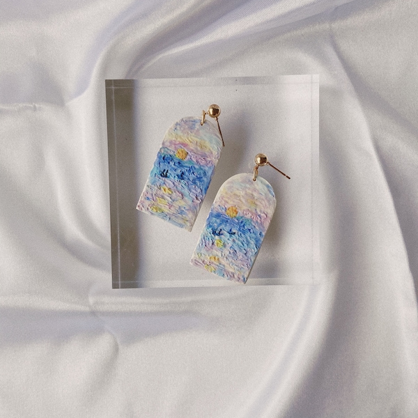 Monet's sunrise | Clay painted earrings, polymer clay earrings, statement earrings, Monet impressionism, painting on the earrings