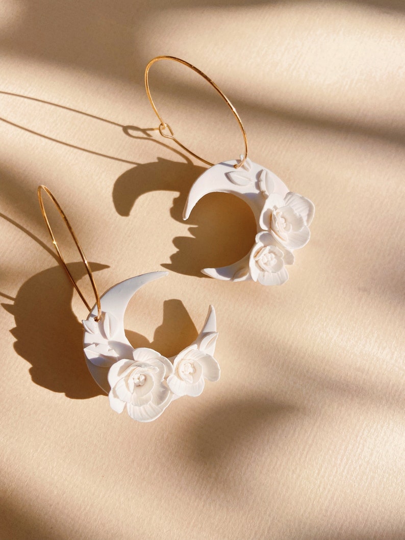 White Flower Hoop Earrings Moon Shape Earrings Bridesmaid Etsy Australia