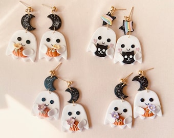 Halloween earrings AU, cute ghost earrings with pumpkin, ghost holding pumpkin earrings, black cat ghost earrings, polymer clay earrings