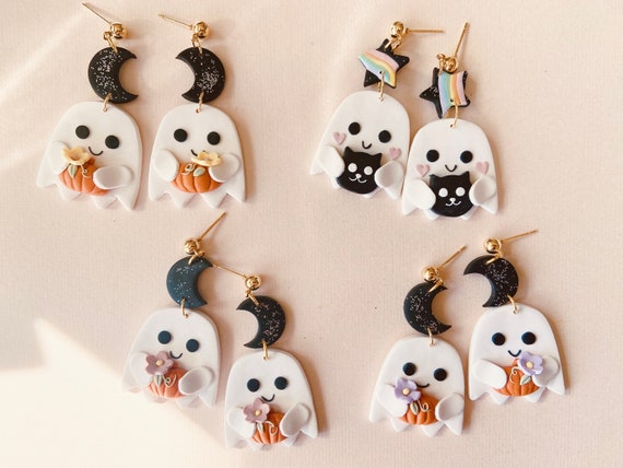 Halloween earrings AU, cute ghost earrings with pumpkin, ghost holding pumpkin earrings, black cat ghost earrings, polymer clay earrings